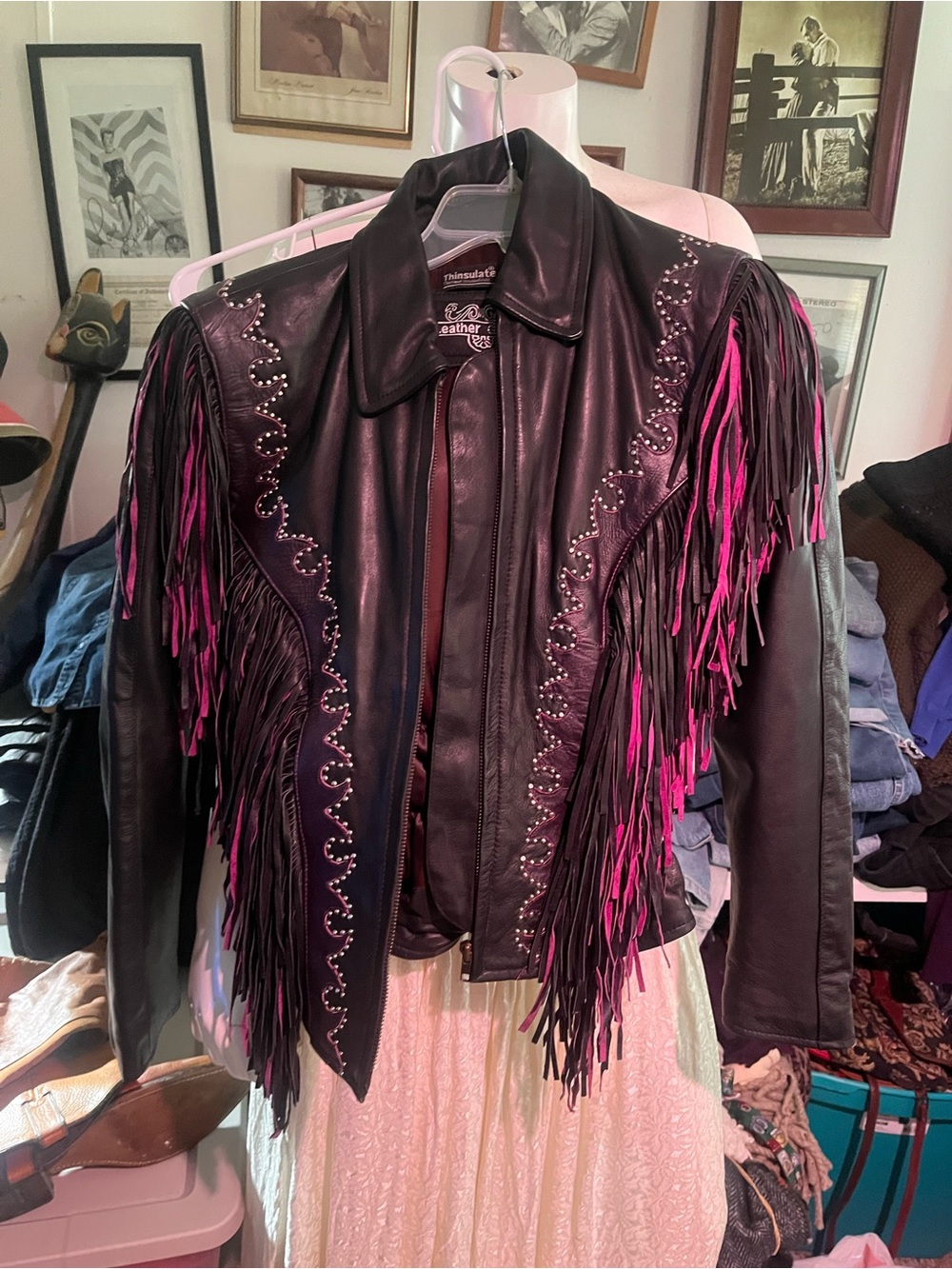 3M Thinsulate Women's Black Leather Jacket with Pink Fringe